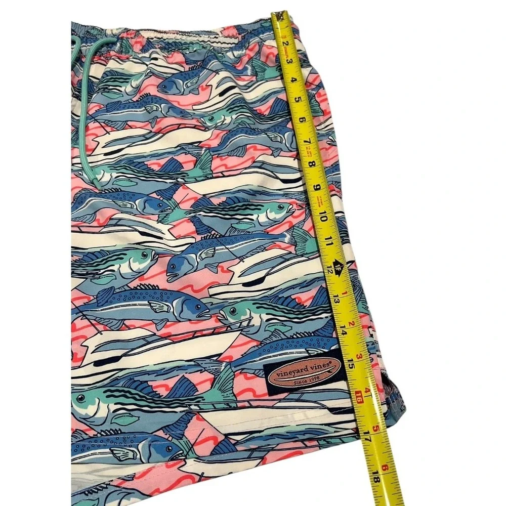 Vineyard Vines Men's L Swim Trunks Fish Print Drawstring Lined‎ Pockets Blue